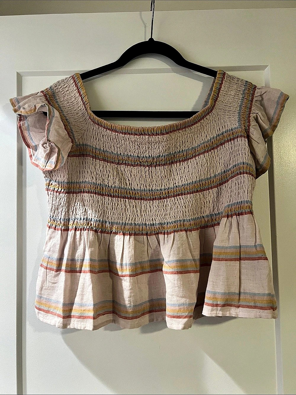 AEStriped Smocked Peplum Top